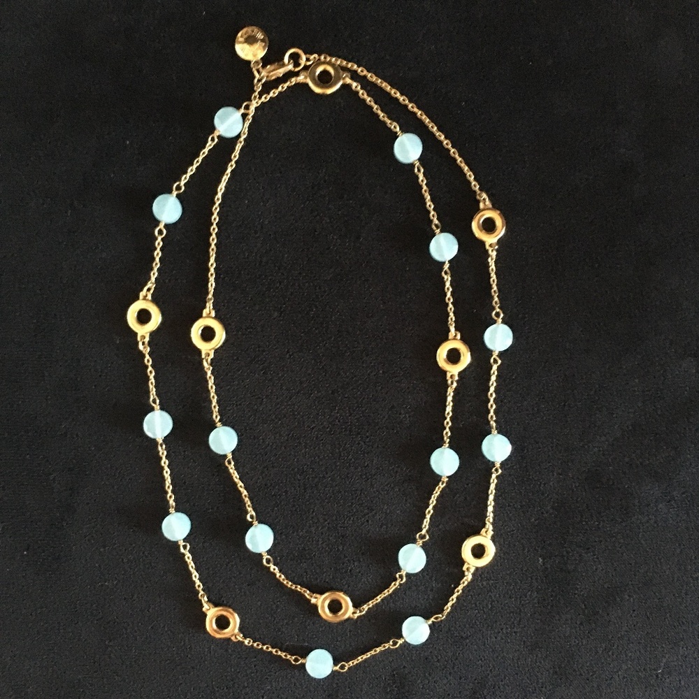 J Crew Factory Aqua Gold Tone Long Bead Necklace
